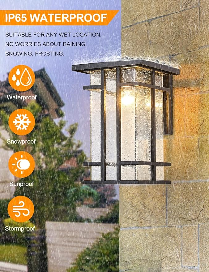 Rustic Dusk to Dawn Outdoor Wall Light Fixture 13.8"H Waterproof Exterior Wall Sconces Black Metal with Seeded Glass Sensor Outdoor Wall Lantern for House Patio Porch,Entryway,Garage Wall Lamps