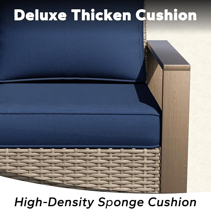 Outdoor Wicker Metal Chairs Set of 2 with Two Ottomans - 4 Pieces Patio Bistro Set with Rectangular Framed Wood-Looking Metal Armrest & Removable Cushions for Poolside, Terrace, Dark Blue
