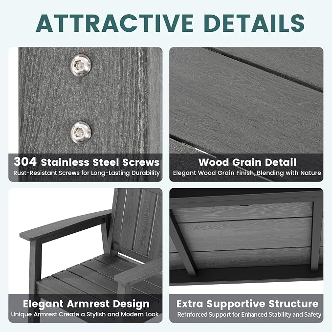 Pamapic 5 PCS Outdoor Dining Set, Spacious HDPE Outdoor Table and Chairs, Wood Grain Patio Furniture Sets with Elegant Armrest, All-Weather Patio Dining Table with Umbrella Hole, Gray