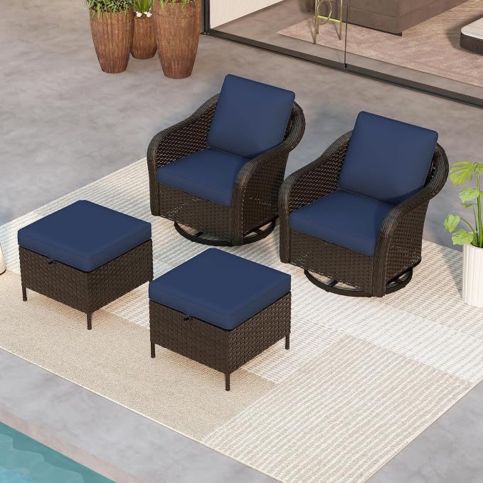 Outdoor Swivel Chairs Set with Ottomans, 4 PCS Patio Conversation Furniture Set with Removable Cushions, All-Weather Wicker Furniture for Porch, Backyard, Deck, Sunroom (Navy Blue)
