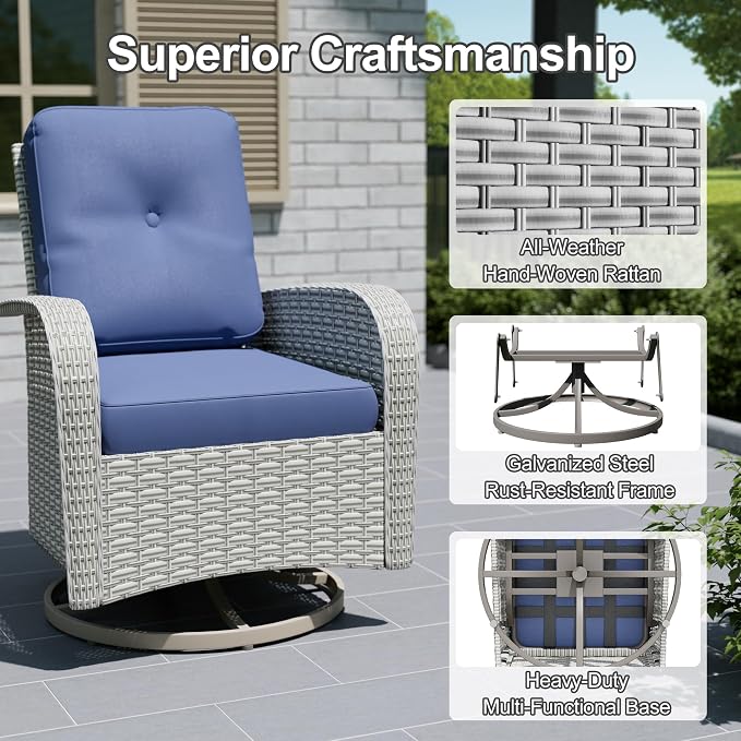 16-Piece Outdoor Patio Furniture Set, Modular Sectional Sofa Set with Swivel Rocker Chairs & Fire Pit, Wicker Outdoor Couch Conversation Sets w/Coffee Table and Cushions, Blue