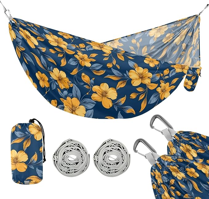 Camping Hammock Outdoor Hammocks for Outside Yellow Flowers RoyalBlue Beach Trees Portable Lightweight with Pockets Tree Straps Indoor Small