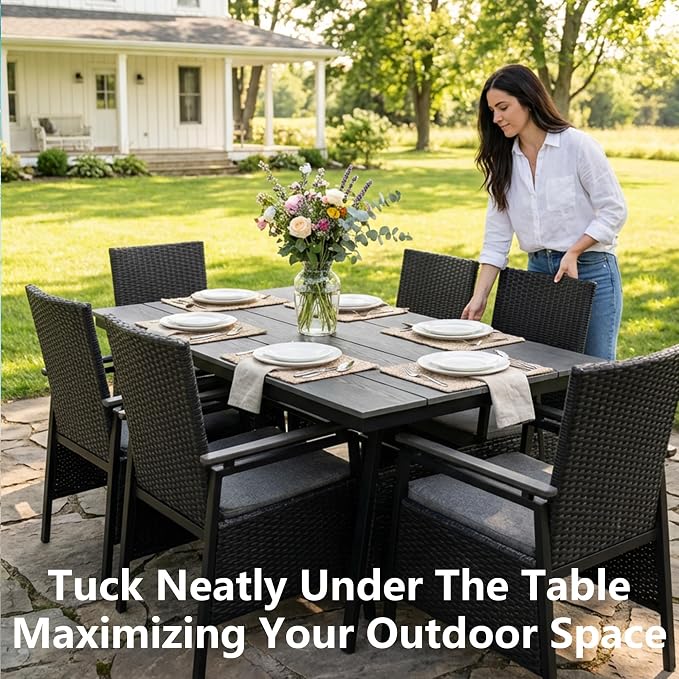 7 Piece Patio Dining Set, Outdoor Dining Table Set for 6, Aluminum Outdoor Dining Sets with Removable Cushions, Space Saving Rectangular Dining Table and Patio Chairs for Balcony/Deck, Black
