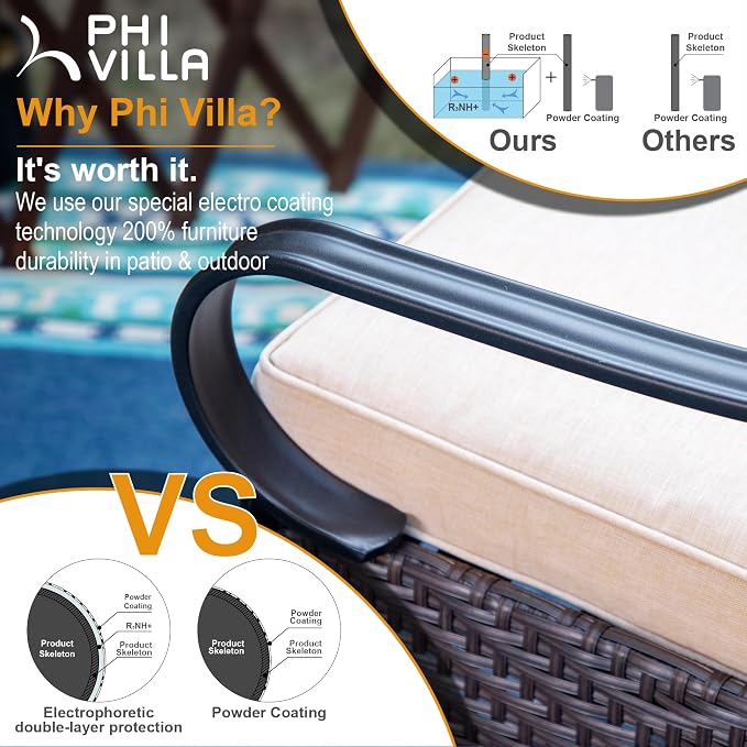 PHI VILLA Patio Dining Chairs Outdoor Wicker Chairs Set of 4 with Cushions | Heavy Duty Outdoor Metal Wicker Dining Chair with Padded Cushions, Large All Weather Wrought Iron Patio Chair for Balcony