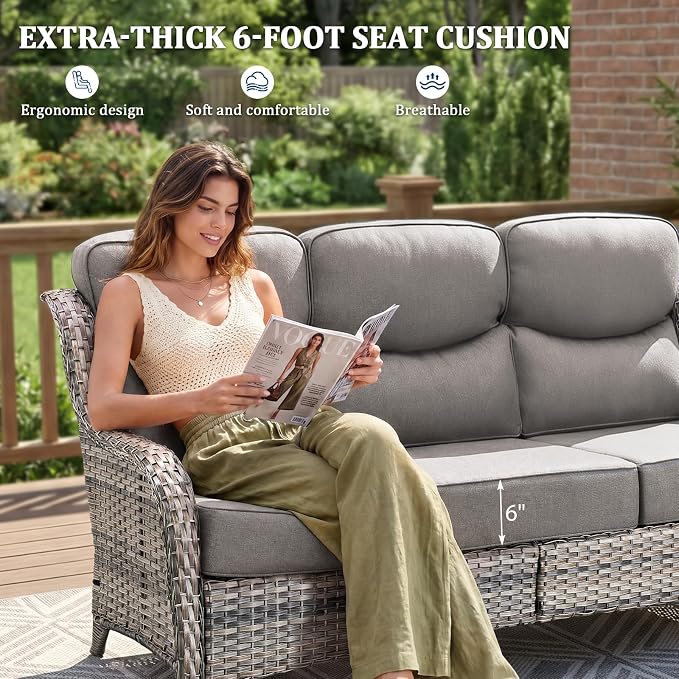 Luxury Swivel Rocker Chairs Fire Pit Set with 6" Thick Cushion 7 piece Wicker Outdoor Patio Chair with Sofa and Ottoman,Comfortable High Back Outdoor Patio Furniture Set - Gery | Gery