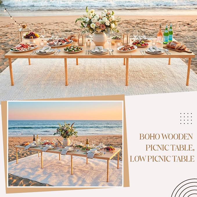 Leinuosen 90"x30" Boho Wooden Picnic Table, Portable Folding Outdoor Low Picnic Table with Adjustable Legs Height 13'' & 16'' for Floor Seating, Beach, Camping, BBQ, Backyard, Seating for 8-10 People