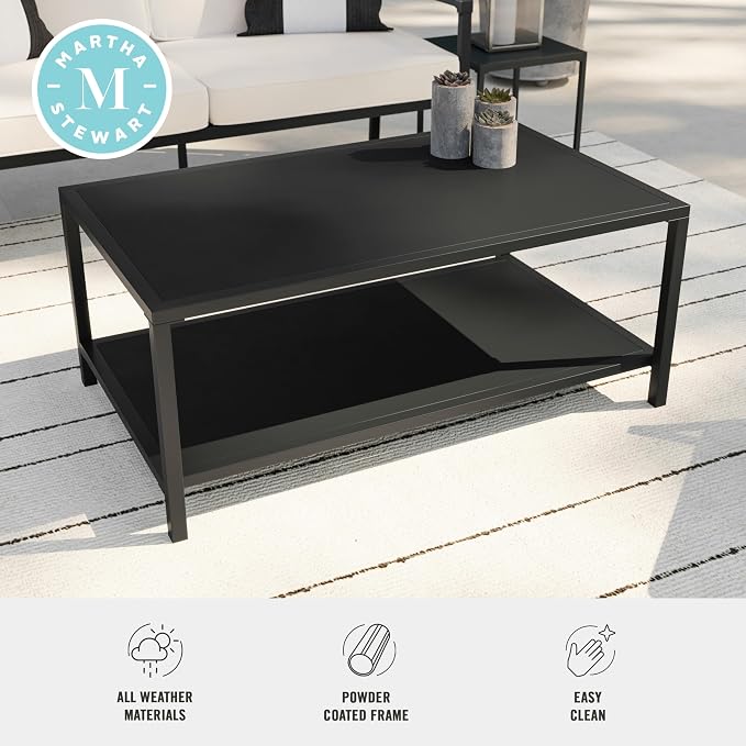 Martha Stewart Lily Pond All-Weather Patio Coffee Table with Lower Display Shelf and Steel Frame in Black