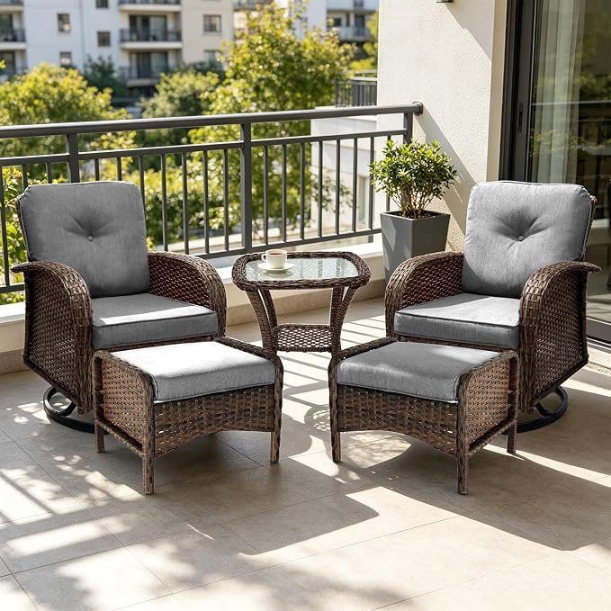 All Weather Patio Furniture Set, High Back Swivel Rocker Glider Chairs，Ottomans & Glass Tables, Outdoor Conversation Set for Deck Porch Yard Poolside (Grey, 5PCS-Swivle Chairs&Ottomans&Table)