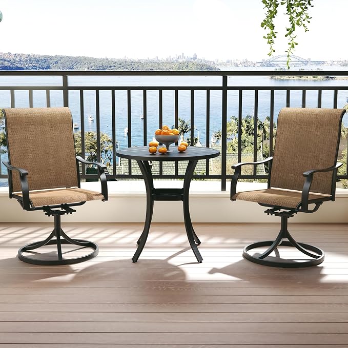 Anmutig 3 Piece Outdoor Patio Bistro Dining Set with 2 Swivel Dining Chairs & 1 Round Metal Dining Table, All Weather Dining Furniture Set for Lawn Garden Brown
