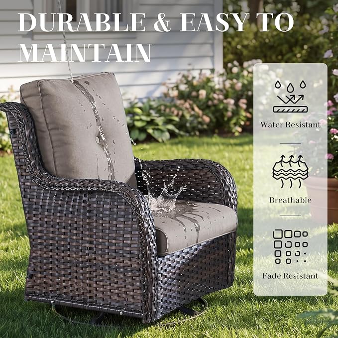 Rilyson Wicker Rocking Chair Swivel Chairs - 4 Piece Rocker Patio Chairs Set Rattan Rocking Chair for Outdoor Porch Deck Garden Backyard(Brown/Grey)