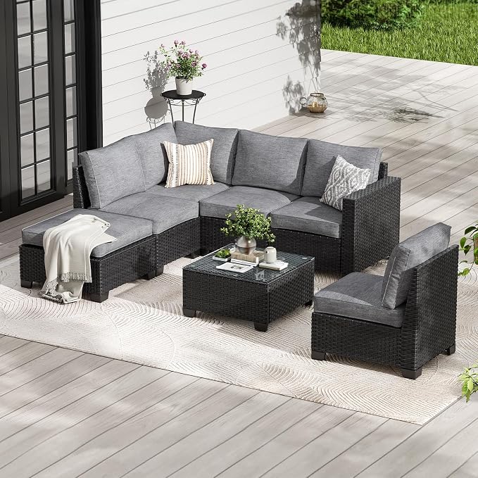 Soohow 7-Piece Patio Furiture Sofa Set, Outdoor Furniture with Corner Sofa, Ottoman, 3 Armless Chairs, One-Arm Sofa & Coffee Table, Water/Oil/Stain-Resistant Fabric (Dark Gray Cushion)