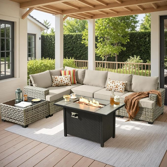 7 Pcs Outdoor Sectional Patio Furniture Set with Fire Pit Table - All Weather Wicker Modular L Shaped Outside Sectional Couch,Patio Seating Outdoor Conversation Sets for Deck Yard Garden,Beige