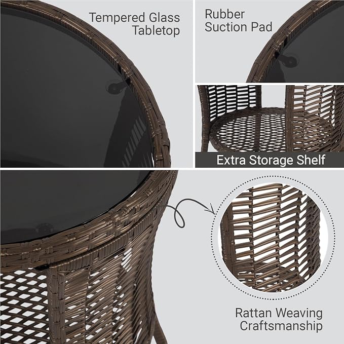 Kinfant Round Outdoor Wicker Side Table - with Tempered Glass Top, Patio End Table with Unique Shape, Storage Shelf for Balcony, Porch, Deck, Garden, Weather-Resistant, Easy Assembly, Black Gold