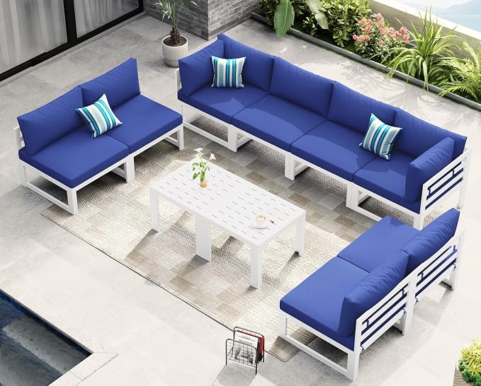 NICESOUL 8 People Extra Large Luxury Aluminum Patio Conversation Set for Backyard Garden, 29" Deep Wide Seat, L Shaped Modular Sectional Couch, 500 lbs Heavy Duty All Weather Outdoor Sofa, Navy Blue