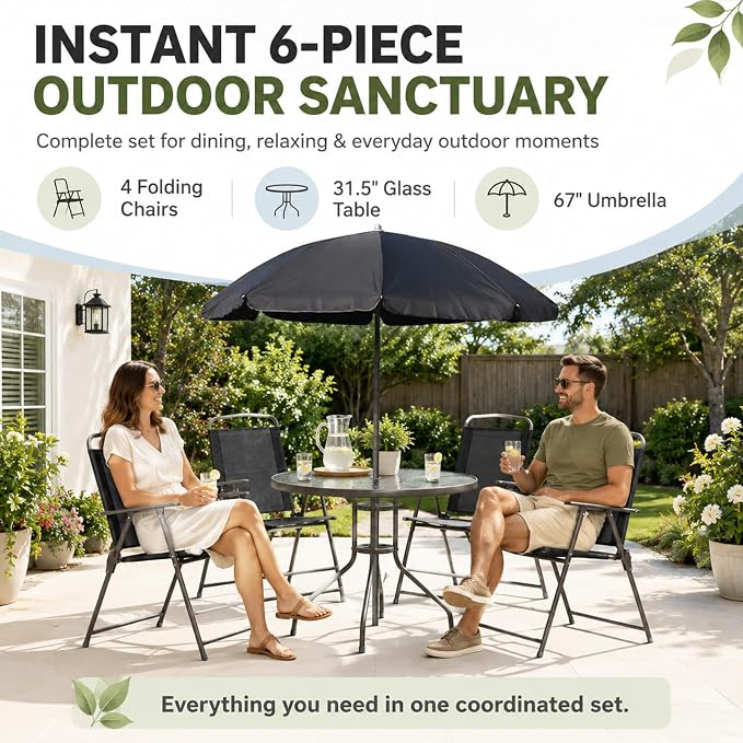 6-Piece Patio Dining Set for 4 with Umbrella, Outdoor Table and Chairs Set with 4 Folding Chairs, Round 31.5" Tempered Glass Table for Garden Backyard Poolside (Black)