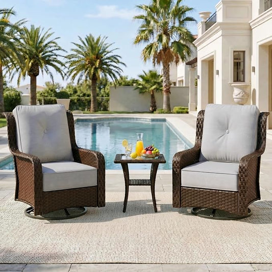 Sundale Outdoor 3 Piece Patio Furniture Set with Side Table, Wicker Outdoor Swivel Chairs with 6" Cushions, High Back Rattan Patio Conversation Sets with Deep Seating for Porch, Yard (Grey)