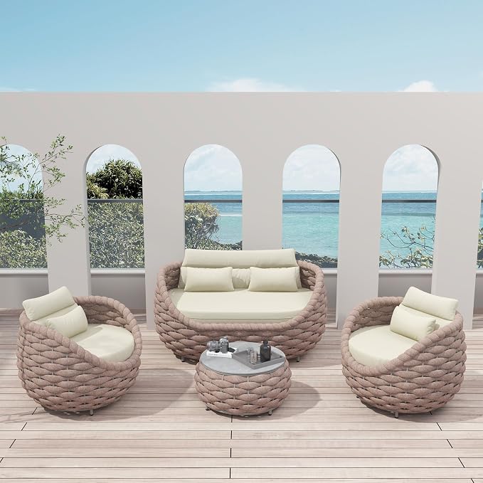 Outdoor 4 PCS Patio Conversation Set, All-Weather Wicker Patio Couch Sofa with Waterproof Thick Cushion Coffee Table for Porch, Balcony Mocha | All-Weather Wicker