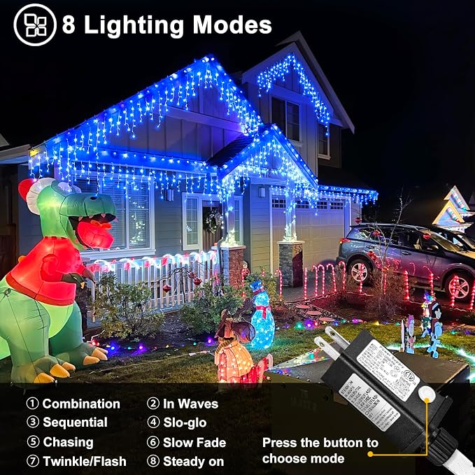 Blue Christmas Lights Outdoor Icicle Lights for Outside 33ft 400 LED Lights | Clear Wire Connectable String Lights with 8 Modes Timer Waterproof for House Window Party Tree Holiday Patio Yard Home Decor