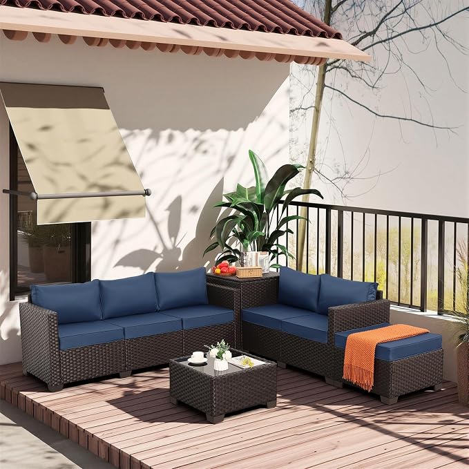 Valita Patio Furniture Set with Storage Box 5 Pieces Brown Wicker Outdoor Couch Sectional with Glass Table and Non-Slip Cushions and Furniture Covers, Navy Blue