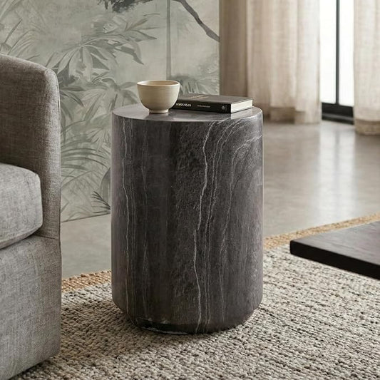 24/7 Shop at Home Ranera Modern 14-inch Natural Stone Side Table with Round Drum Base, Marble Nightstand, Patio End Table, for Living Room, Covered Outdoor Spaces, Balcony, Warm Gray Travertine