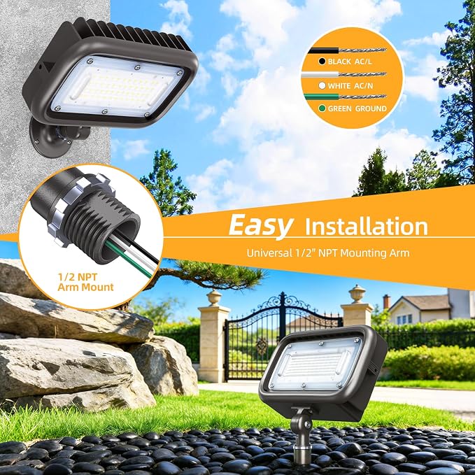 45W LED Outdoor Security Flood Lights,AC 120-277 Input | 100lm/W Efficacy,Super Bright LED Chips,7V×7H Beam Spread,180°Adjustable Knuckle Mount,IP65 Waterproof,4000K Color Temperatur