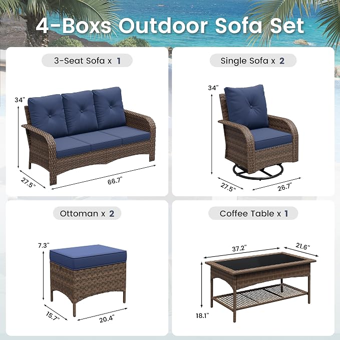 UDPATIO High Back Patio Furniture Set with 2 Swivel Rocker Chairs, Wicker Outdoor Conversation Sets with Thick Cushions & Ottoman, for Garden, Porch