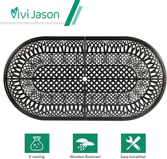VIVIJASON 9-Piece Outdoor Furniture Dining Set, All-Weather Cast Aluminum Patio Conversation Set, Include 8 Cushioned Chairs and an Oval Table with Umbrella Hole for Balcony Lawn Backyard, Red Cushion