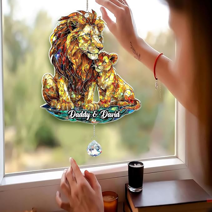 Personalized Lion and Cub Holographic Acrylic Window Hanging Suncatcher Animal Art Decor Gift for Dad Wildlife Lover, Heartfelt Father's Day, Birthday Gift (Lion Dad)