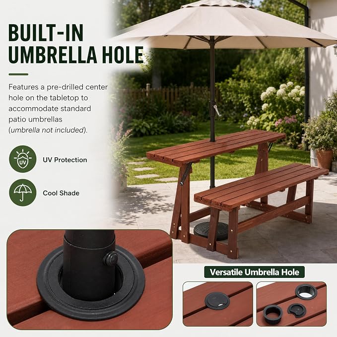 2-IN-1 Convert A Bench Picnic Table Wood Bench to Table With Umbrella Hole | Convertible Wood Bench with Backrest,Foldable Space Saving,Easy to Assemble &Clean,Portable, Ideal for Patio, Porches, Garden