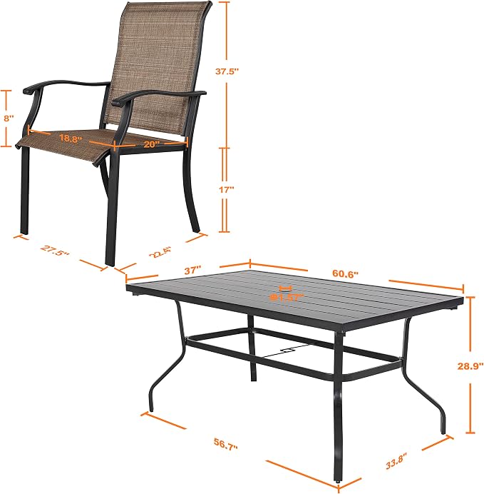 NUU GARDEN 7 Pieces Patio Dining Set, All-Weather Outdoor Furniture with 6 Dining Chairs and 1 Rectangle Steel Dining Table with Umbrella Hole for Patio Deck Garden, Black and Brown