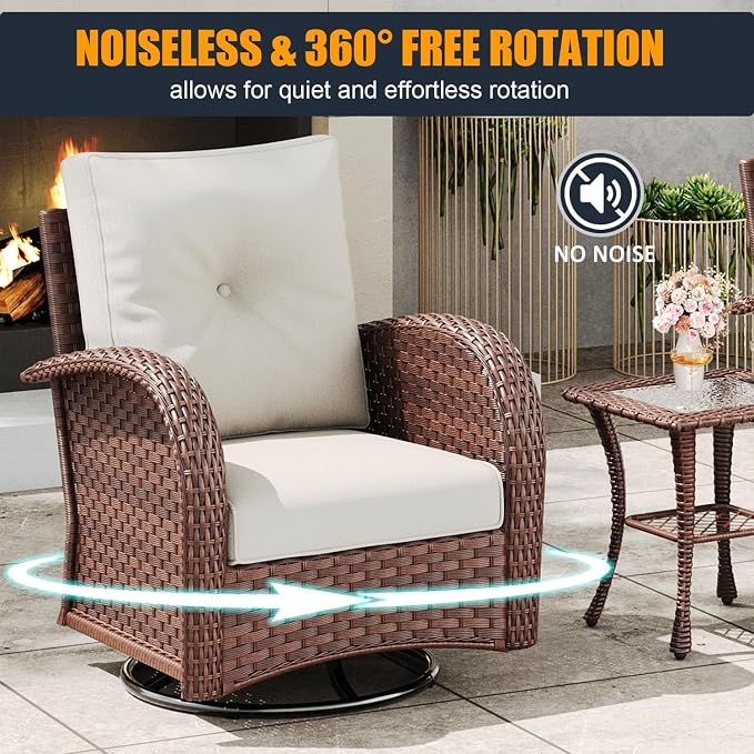 3 Pieces Outdoor Wicker Patio Swivel Rocking Chairs, All Weather Wicker Conversation Set with Side Table