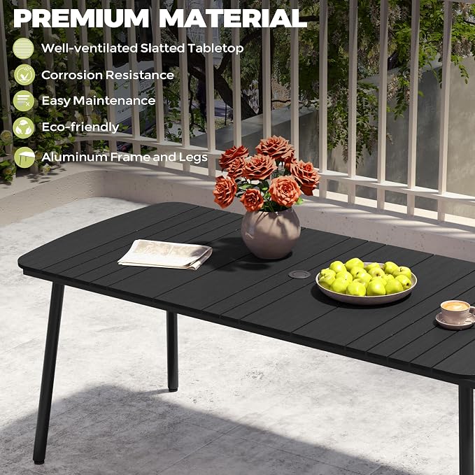 Crestlive Products Outdoor Dining Table for 6, 70In Aluminum Patio Table with Umbrella Hole Weather Resistant Rectangle OutsideTables for Garden Lawn, Black