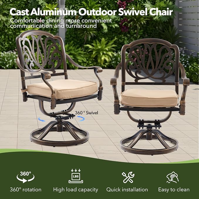 7-Piece Cast Aluminum Outdoor Table and Chairs, Classic Vintage Patio Dining Set for 6 Include 54.5" Round Dining Table and 6 Swivel Chairs with Removable Cushion and Umbrella Hole