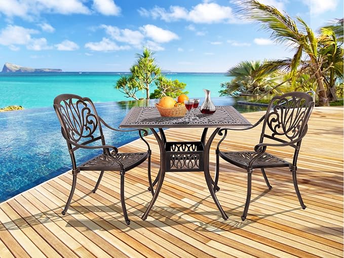 Grepatio 2 Piece Outdoor Cast Aluminum Dining Chairs, Modern Patio Bistro Chair Set of 2, Patterned Back Metal Chairs, Antique Bronze (Without Cushions)