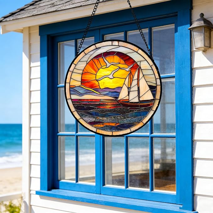 DASTOLL Stained Glass Window Hanging, Sun Ocean Sailboat Seagull Abstract Suncatcher Diamond Glass Panel Sun Catchers Decor for Birthday for Women, Men, Wife, Aunt, and Mom 11.8x11.8 in