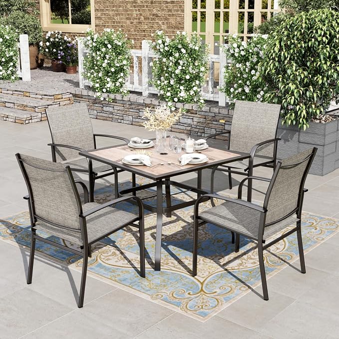 HERA'S HOUSE Patio Dining Set for 4, Wood-Look Metal Table, Brown Chair | 37" outdoor square table + textilene chairs, All-weather, rust-resistant for Lawn Garden Backyard