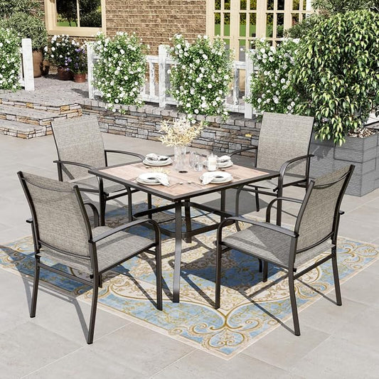 HERA'S HOUSE Patio Dining Set for 4, Wood-Look Metal Table, Brown Chair | 37" outdoor square table + textilene chairs, All-weather, rust-resistant for Lawn Garden Backyard