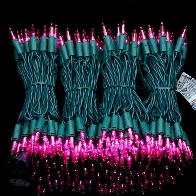 YULETIME 200 Pink LED Christmas Lights, 66 ft Green Wire UL String Light | Stay Lit, End-to-End Connectable, UL Certified, Commercial Grade, 1-Strand 200 Lights, 4" Spacing