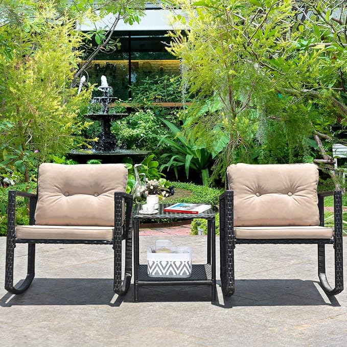 Tangkula 3 Pieces Patio Wicker Rocking Set, Outdoor Rocking Chairs and Table Set with Cushions, Glass Coffee Table with Storage Shelf, Suitable for Patio, Garden, Poolside, Balcony (Beige)