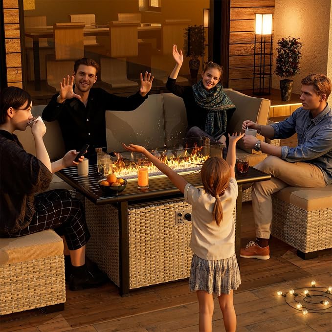8-Piece Outdoor Patio Furniture Set with 55,000 BTU Fire Pit Table, PE Wicker Rattan Sectional Sofa Conversation Set - All-Weather Garden, Backyard Furniture, Beige