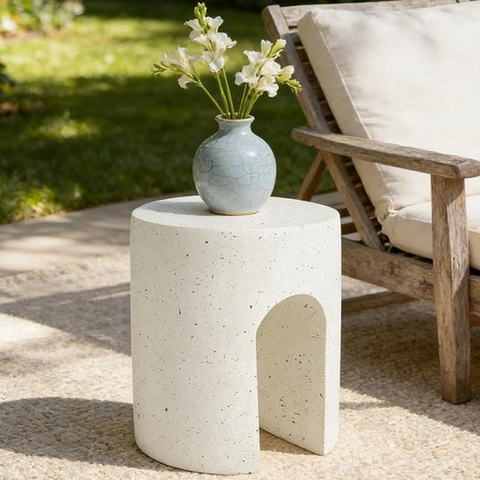 Christopher Knight Home Traver Lightweight Concrete Outdoor Coffee Table, Small Side Table for Patio Furniture Set, MGO Round End Table for Patio/Deck/Garden, No Assembly Required, White