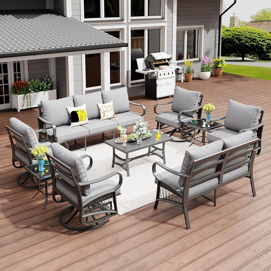 9 Piece Patio Furniture Set, 4 Single Swivel Chairs, Rope Braided Exposed with Thick Cushions, Outdoor All Weather Patio Conversation Sectional Sofa Set for Garden, Porch, Lawn, Grey