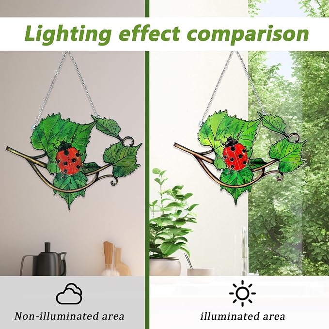 Plant Suncatcher Glass, Stained Glass Suncatcher Plant Window Hanging, Unique Nature Lover Gifts Leaf (Leaves & Ladybug)