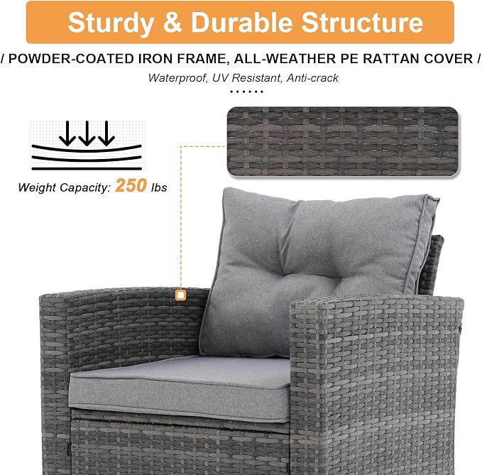 Super Patio 8 Pieces Outdoor Patio Furniture Set with 45” Fire Pit Table, Rattan Patio Conversation Sets with 50000 BTU Gas Fire Pit, Wicker Sectional Sofa Set with Storage Box, Gray (Without Table)
