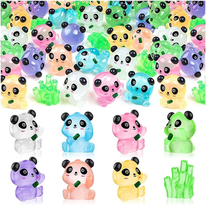 18PCS Luminous Mini Resin Panda Figurines with 2 Bamboos for Dollhouse | Cute Panda Figurines Miniature, Glow in The Dark Mini Panda Bamboo Bulk, Cake Topper, Micro Landscape, Garden DIY