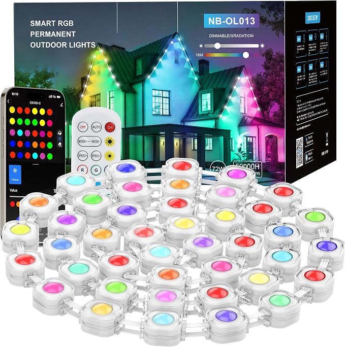 Permanent Outdoor Lights, 100ft Smart RGB+IC Outdoor Light, IP67 Waterproof 72 LED Eaves Lights, Year-Round Outdoor Lighting for New Year, Holiday, Daily Lighting, Christmas, APP/Voice/Remote/Control