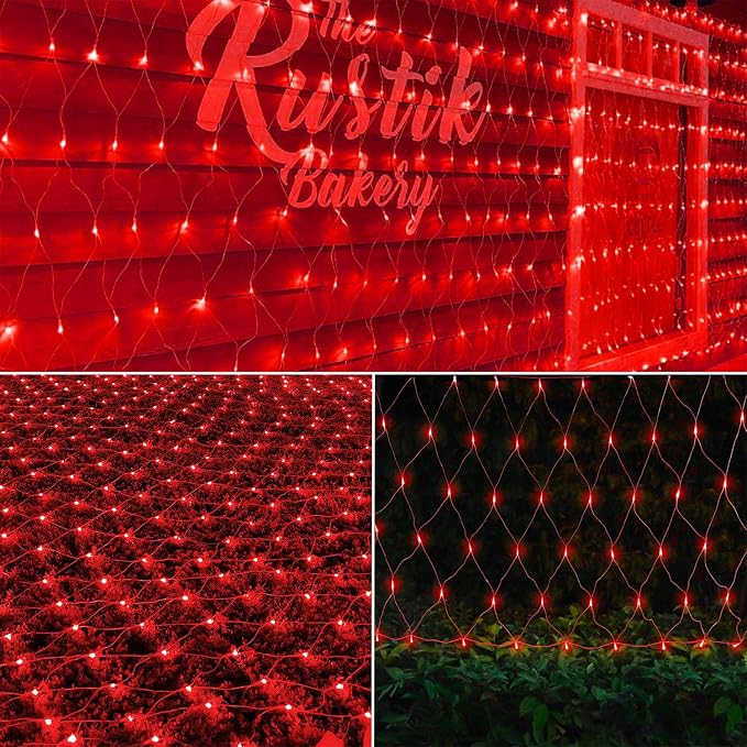 LJLNION Valentines Net Lights, 360 LED 12ft x 5ft Connectable Mesh Fairy String Lights, 8 Lighting Mode, Low Voltage Adaptor for Christmas Trees Bush Wedding Outdoor Holiday Garden Decorations, Red