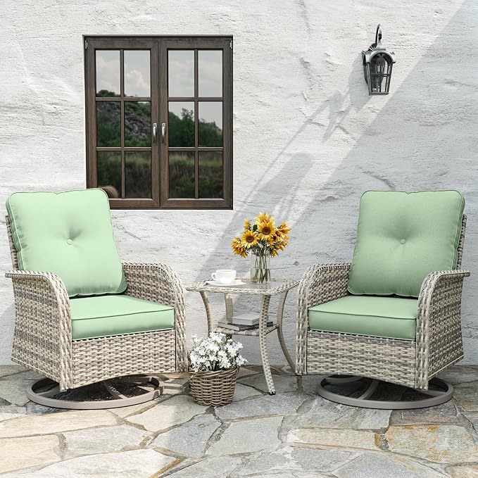 Patio Rocking Swivel Chair Outdoor Wicker Rattan Bistro Set with Tempered Glass Side Table, Outdoor Patio Furniture Set for Garden, Deck, and Balcony, Light Green