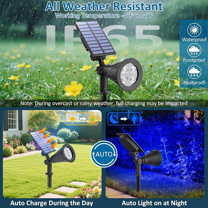 T-SUNUS Solar Landscape Spotlights Outdoor, Blue LED Solar Spot Lights Adjustable Panel, 2 Lighting Modes, Auto On/Off, IP65 Waterproof, 2-in-1 Ground & Wall Mount for Yard Garden Pathway 4 Pack