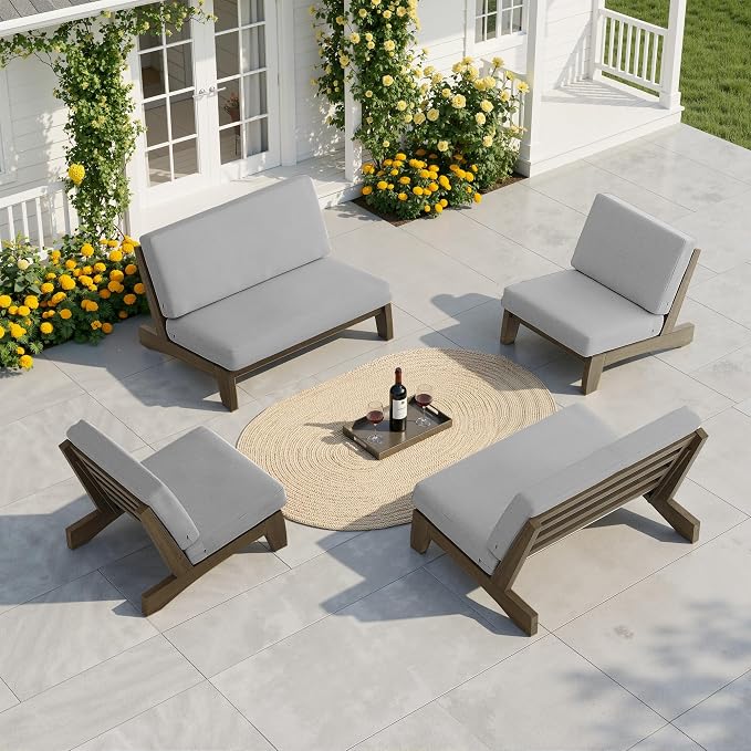 Pia Ricoo 4 Piece Patio Furniture Sets, Outdoor Furniture with 2 Chairs & Coffee Table, Patio Conversation Set for Backyard, Deck, Lawn, Gray